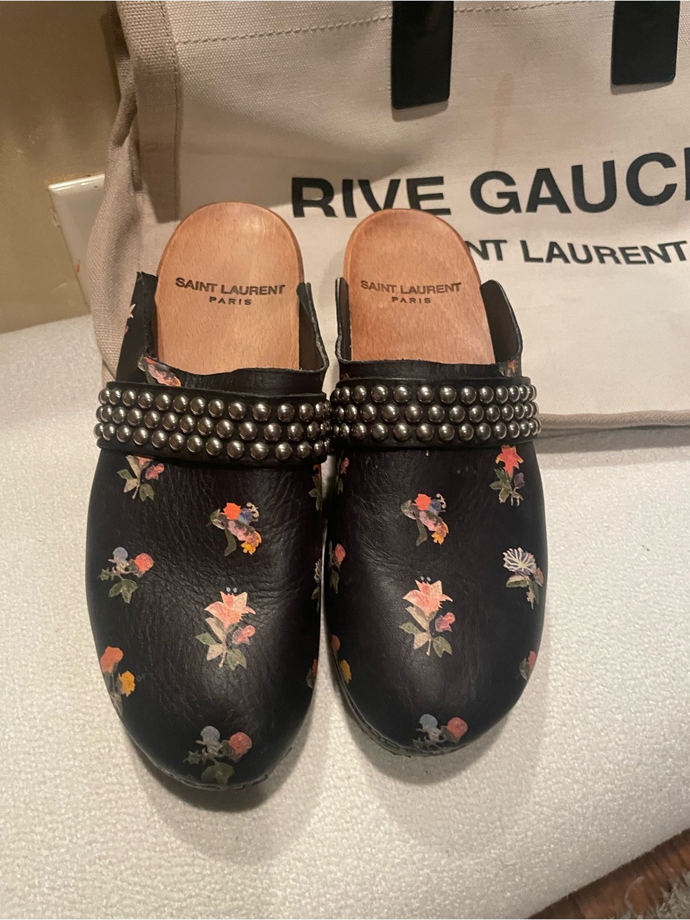 Saint Laurent Black Floral Leather Studded Mule Clogs